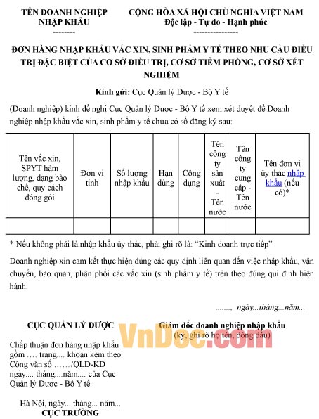 Mẫu đơn hàng ghi chép nhập khẩu vắc xin, sinh phẩm y tế