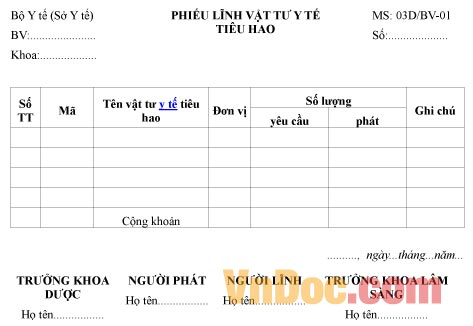 Mẫu phiếu ghi chép việc lĩnh vật tư y tế tiêu hao