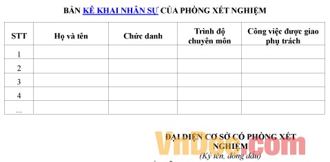 Mẫu bản kê khai về nhân sự của phòng xét nghiệm