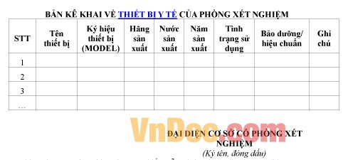 Mẫu bản kê khai ghi chép về thiết bị y tế của phòng xét nghiệm