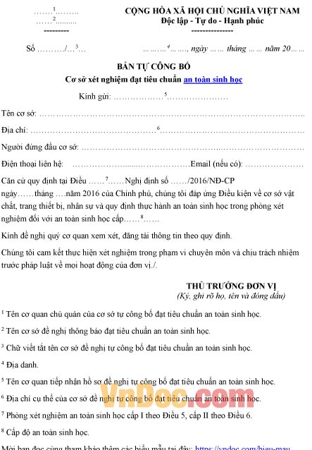 Mẫu bản tự công bố về việc cơ sở xét nghiệm đạt tiêu chuẩn an toàn sinh học