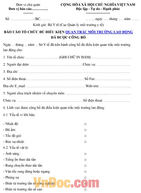 Mẫu báo cáo về tổ chức đủ điều kiện quan trắc môi trường lao động đã được công bố