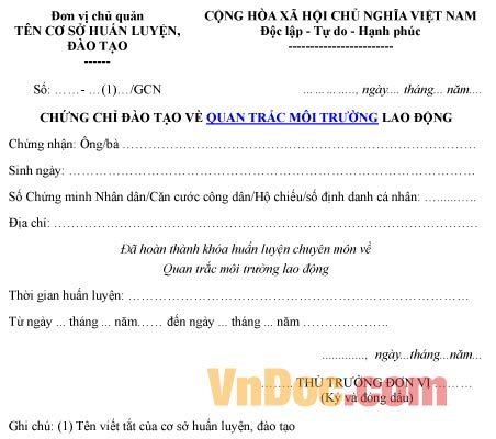 Mẫu chứng chỉ về việc đào tạo quan trắc môi trường lao động