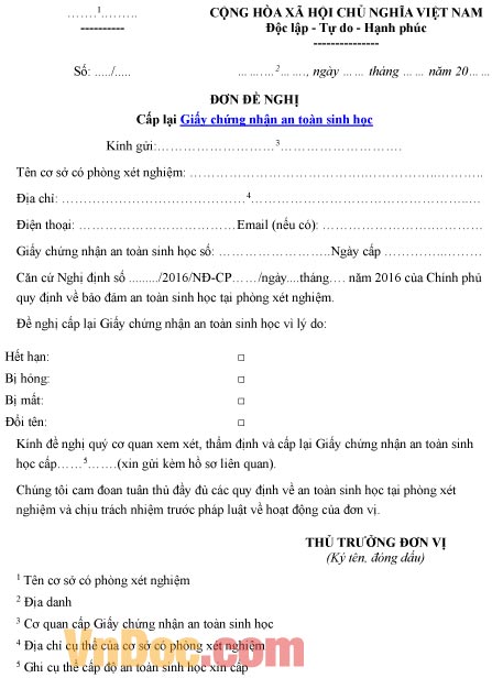 Mẫu đơn xin cấp lại giấy chứng nhận an toàn sinh học