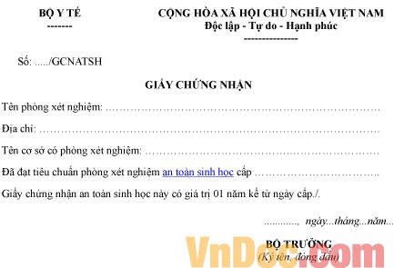 Mẫu giấy chứng nhận phòng xét nghiệm an toàn sinh học