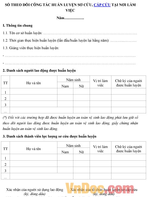 Mẫu sổ theo dõi về công tác huấn luyện sơ cứu, cấp cứu tại nơi làm việc