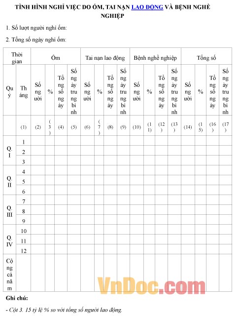 Mẫu báo cáo tình hình nghỉ việc do ốm, tai nạn lao động và bệnh nghề nghiệp