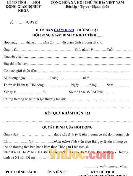 Mẫu biên bản ghi chép giám định thương tật