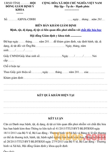 Mẫu biên bản ghi chép khám giám định phơi nhiễm với chất độc hóa học