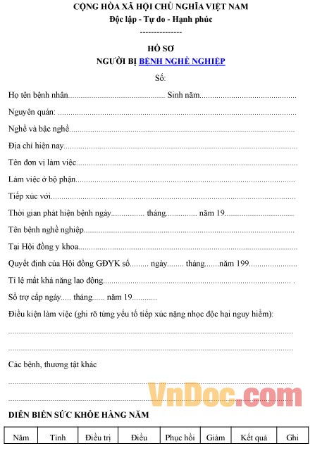 Mẫu hồ sơ của người bị bệnh nghề nghiệp