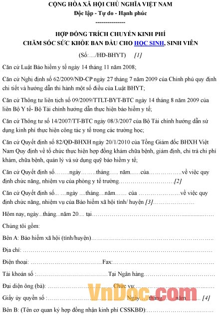 Mẫu hợp đồng về việc trích chuyển kinh phí chăm sóc sức khỏe ban đầu cho học sinh, sinh viên