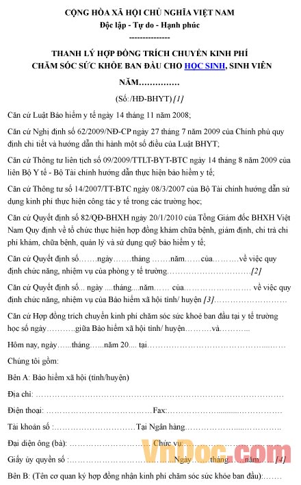 Mẫu bản thanh lý hợp đồng về việc trích chuyển kinh phí chăm sóc sức khỏe ban đầu cho học sinh, sinh viên