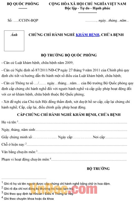 Mẫu chứng chỉ hành nghề về khám bệnh, chữa bệnh