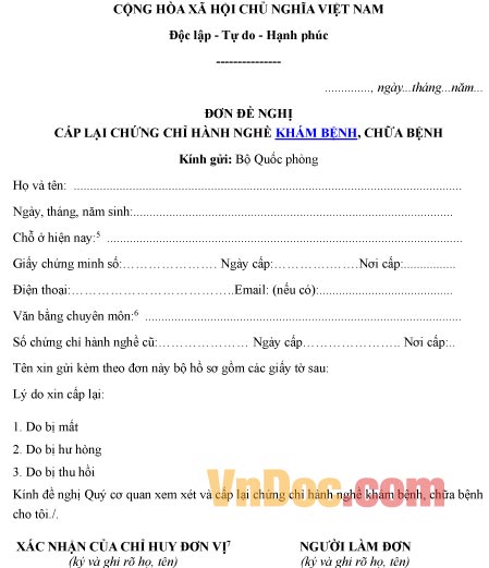 Mẫu đơn xin cấp lại chứng chỉ hành nghề khám bệnh, chữa bệnh