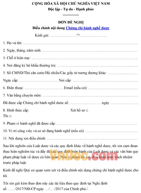 Mẫu đơn xin điều chỉnh nội dung chứng chỉ hành nghề dược