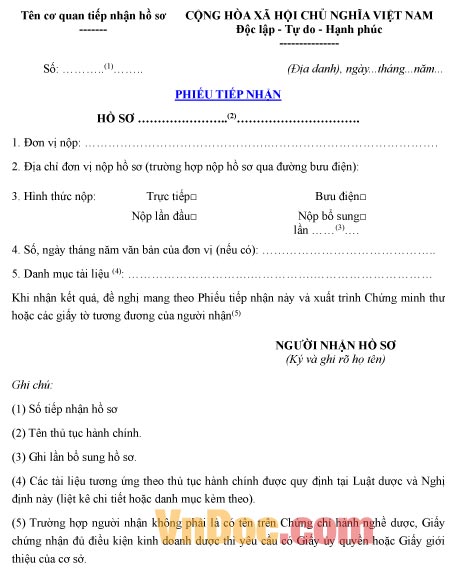 Mẫu phiếu tiếp nhận hồ sơ ghi chép việc cấp chứng chỉ hành nghề dược