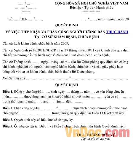 Mẫu quyết định về việc tiếp nhận, phân công người hướng dẫn thực hành tại cơ sở khám chữa bệnh