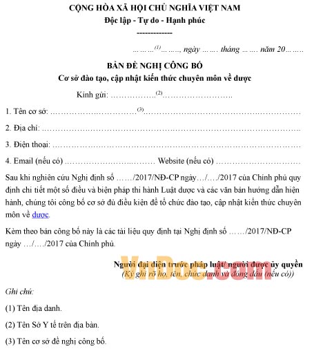 Mẫu bản xin công bố cơ sở đào tạo, cập nhật kiến thức chuyên môn về dược