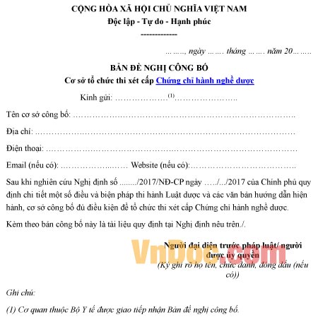Mẫu bản xin công bố cơ sở tổ chức thi xét cấp chứng chỉ hành nghề dược