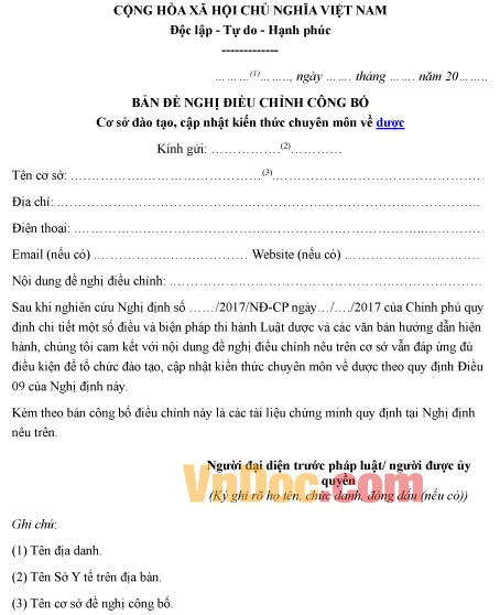 Mẫu bản xin điều chỉnh công bố cơ sở đào tạo cập nhật kiến thức chuyên môn dược