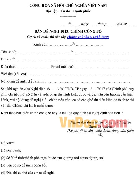 Mẫu bản đề nghị về việc điều chỉnh công bố cơ sở tổ chức thi xét cấp chứng chỉ dược