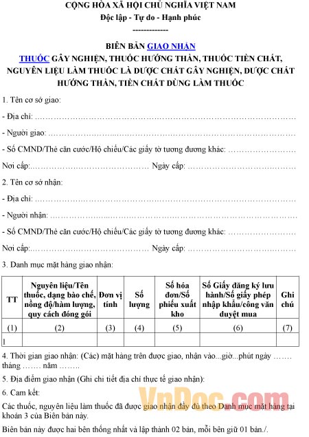 Mẫu biên bản ghi chép giao nhận thuốc, tiền chất dùng làm thuốc