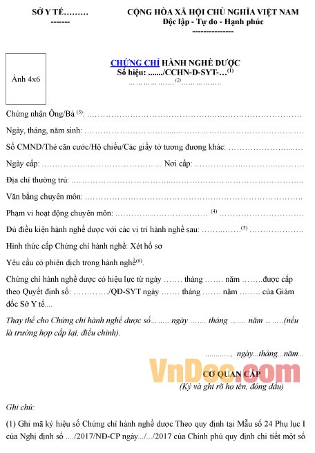 Mẫu chứng chỉ về hành nghề dược