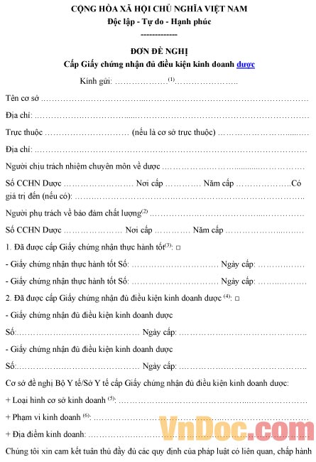 Mẫu đơn xin cấp giấy chứng nhận đủ điều kiện kinh doanh dược