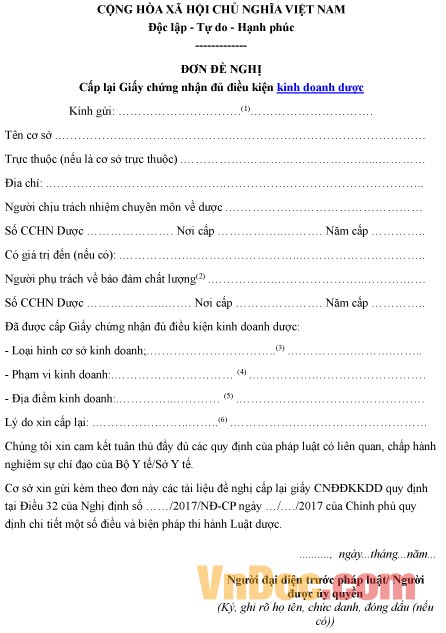 Mẫu đơn xin cấp lại giấy chứng nhận đủ điều kiện kinh doanh dược