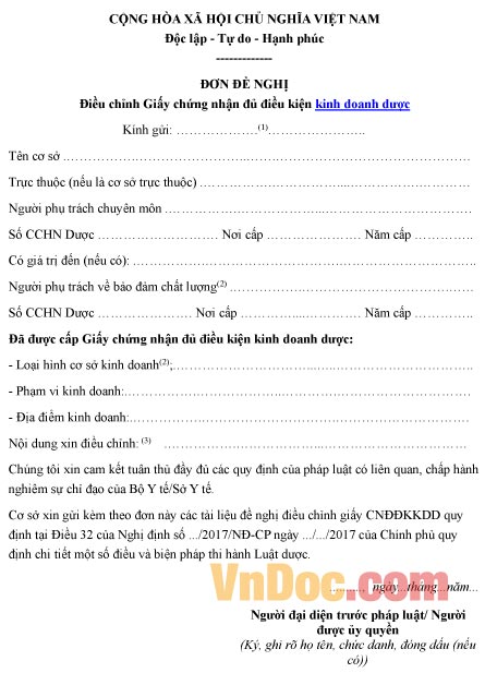 Mẫu đơn xin điều chỉnh giấy chứng nhận đủ điều kiện kinh doanh dược