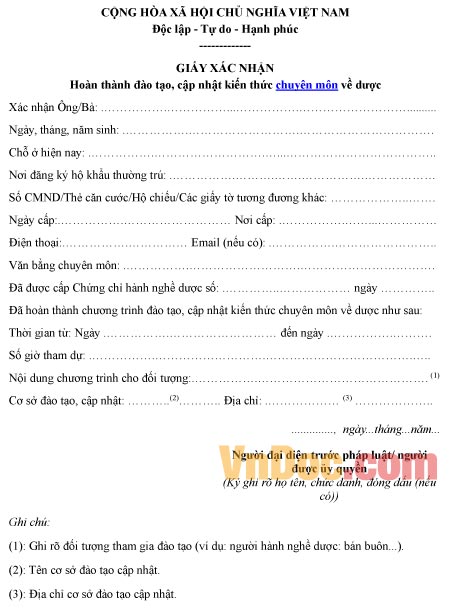 Mẫu giấy xác nhận về việc hoàn thành đào tạo, cập nhật kiến thức chuyên môn về dược