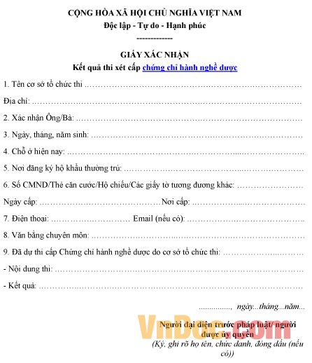 Mẫu giấy xác nhận về kết quả thi xét cấp chứng chỉ hành nghề dược