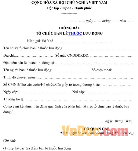 Mẫu thông báo về việc tổ chức bán lẻ thuốc lưu động