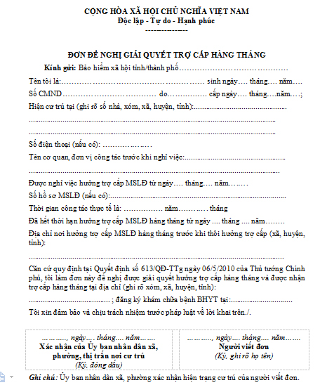 Mẫu đơn đề nghị giải quyết trợ cấp hàng tháng