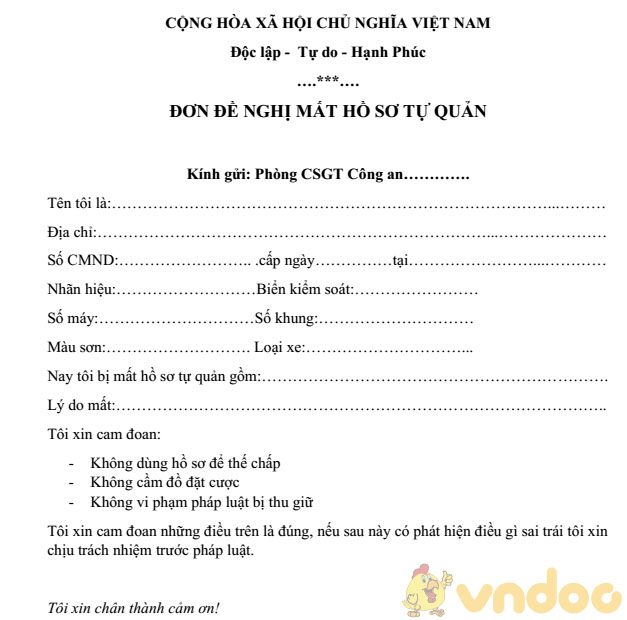 Mẫu đơn mất hồ sơ tự quản