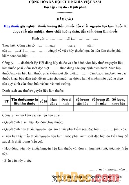 Mẫu báo cáo về việc hủy thuốc, tiền chất dùng làm thuốc