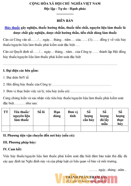 Mẫu biên bản về việc hủy thuốc, tiền chất dùng làm thuốc