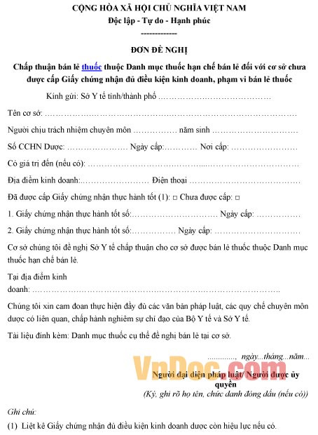 Mẫu đơn xin chấp thuận bán lẻ thuốc