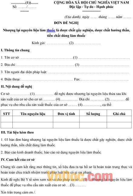 Mẫu đơn xin nhượng lại nguyên liệu làm thuốc