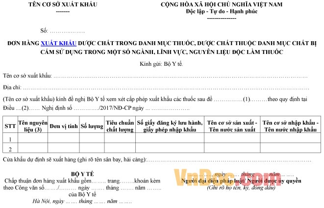 Mẫu đơn hàng ghi chép xuất khẩu dược chất