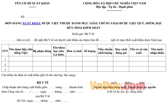 Mẫu đơn hàng ghi chép xuất khẩu dược liệu