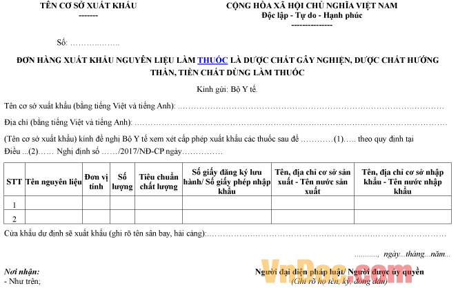 Mẫu đơn hàng ghi chép xuất khẩu nguyên liệu làm thuốc