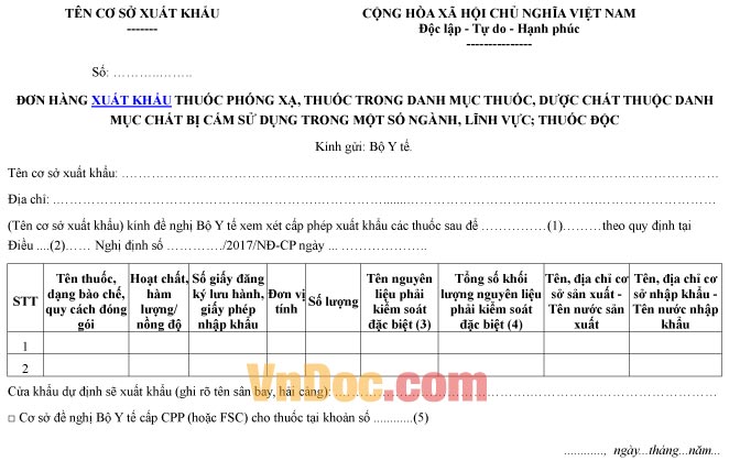 Mẫu đơn hàng ghi chép xuất khẩu thuốc phóng xạ