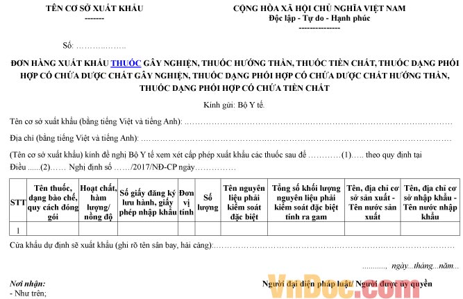 Mẫu đơn hàng ghi chép xuất khẩu thuốc