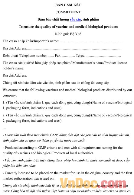 Mẫu bản cam kết đảm bảo về chất lượng vắc xin, sinh phẩm
