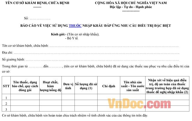 Mẫu báo cáo ghi chép về việc sử dụng thuốc nhập khẩu đáp ứng nhu cầu điều trị đặc biệt