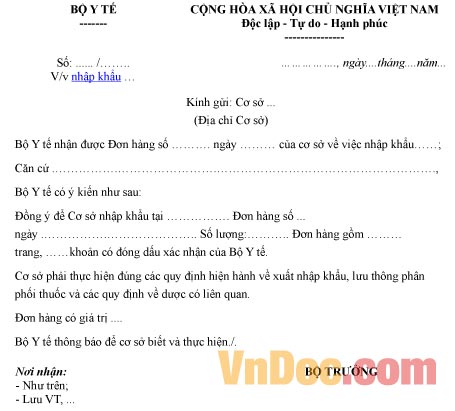Mẫu công văn về việc cho phép nhập khẩu thuốc cổ truyền