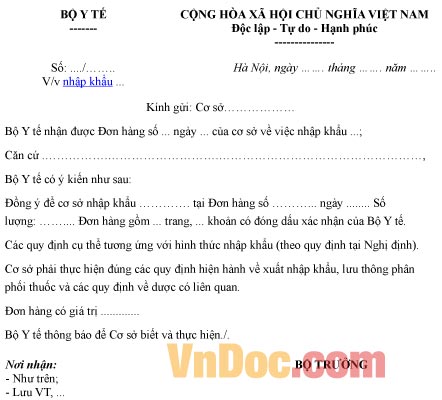 Mẫu công văn về việc cho phép nhập khẩu thuốc