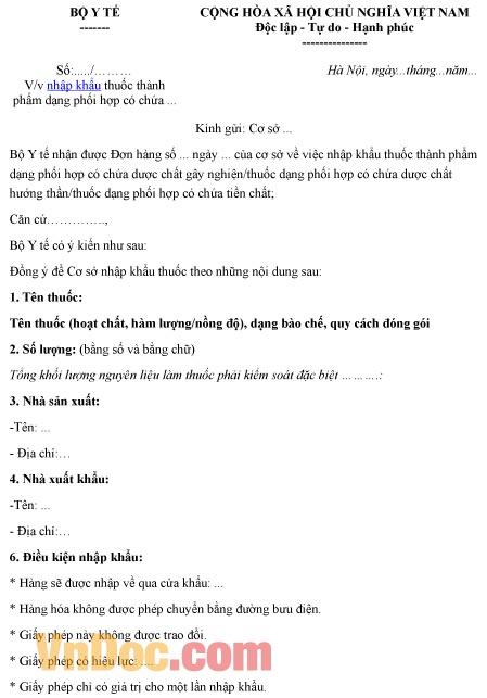 Mẫu công văn về việc nhập khẩu thuốc thành phẩm dạng phối hợp