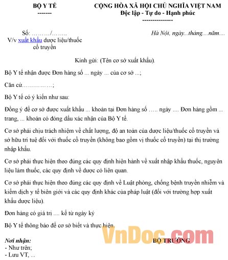 Mẫu công văn về việc xuất khẩu dược liệu, thuốc cổ truyền
